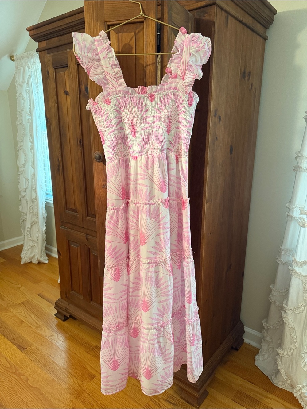 Smocked Ruffle Strap Maxi Dress - Pink Shell Print
